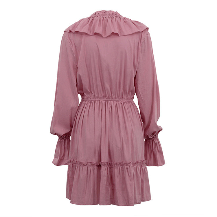 V-Neck Flounce Solid Color Mini Dress