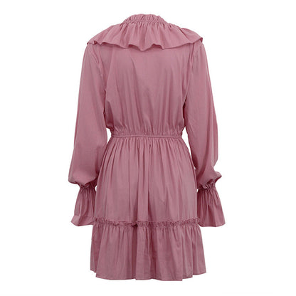 V-Neck Flounce Solid Color Mini Dress