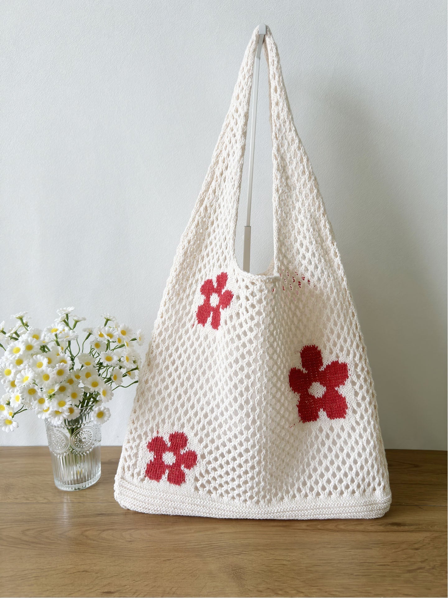 Flower Color Block Hollow Out Woven Handbag