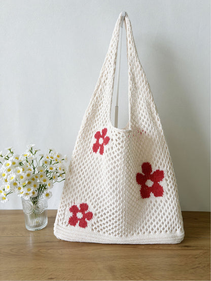 Flower Color Block Hollow Out Woven Handbag