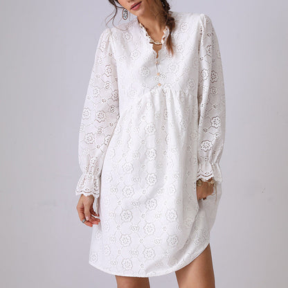 Hollow Lace Ruffle V-Neck Mini Dress