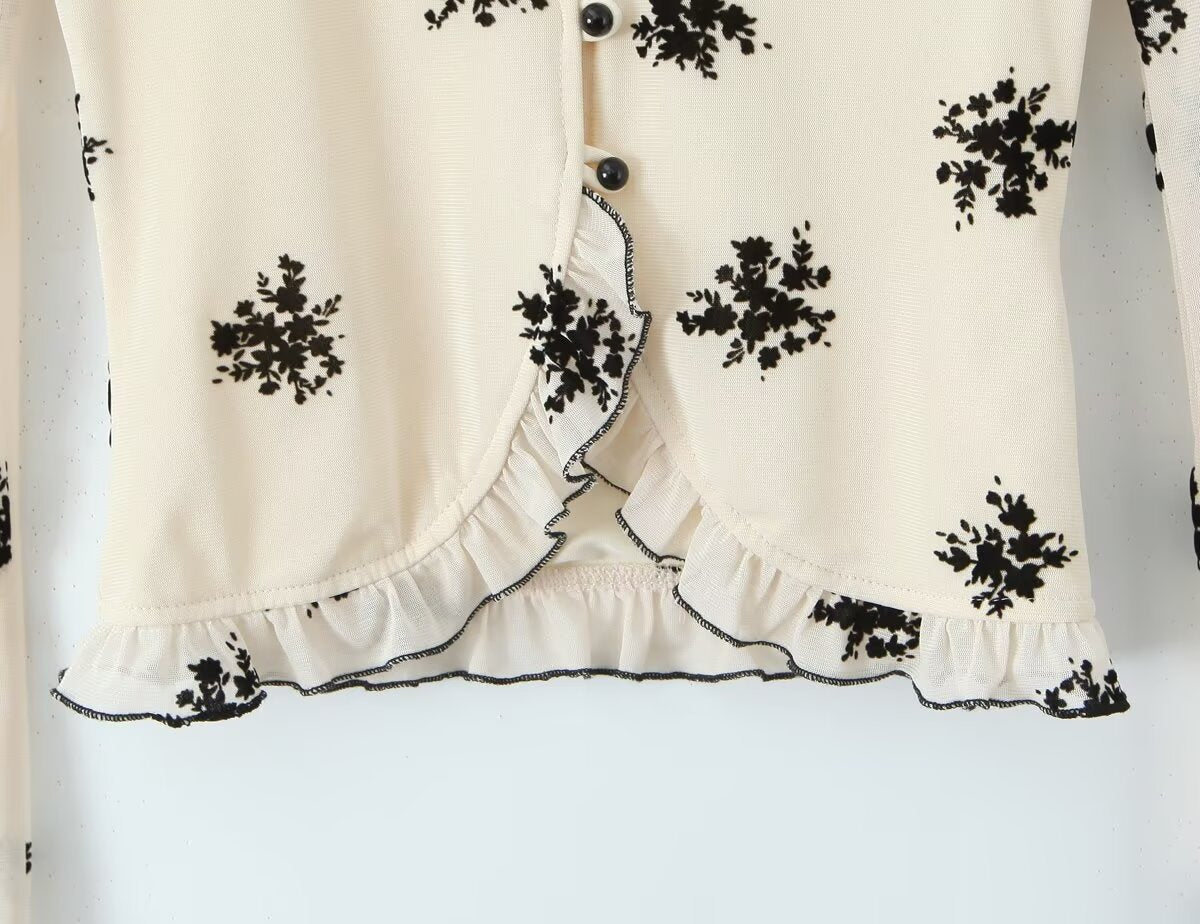 Floral Print V-Neck Lace Cardigan Blouse