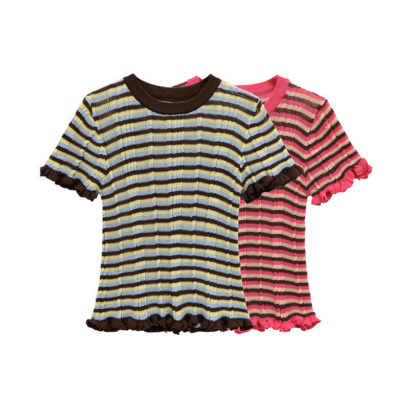 Casual Solid Color Crew Neck Striped Top