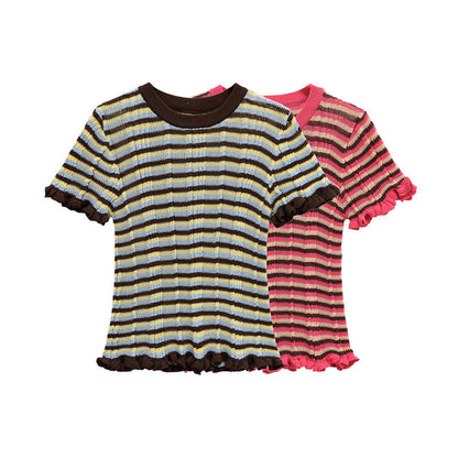 Casual Solid Color Crew Neck Striped Top