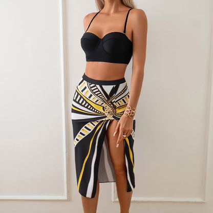 3PCS Print Strap Side Split Dress Cover Swimwear