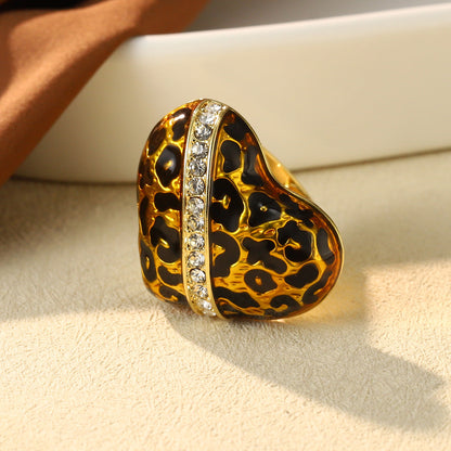 Vintage Enamel Leopard Print Heart Ring