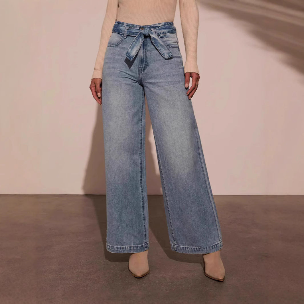Washed Straight Leg String Tie Loose Jeans