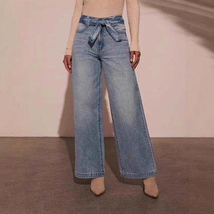 Washed Straight Leg String Tie Loose Jeans