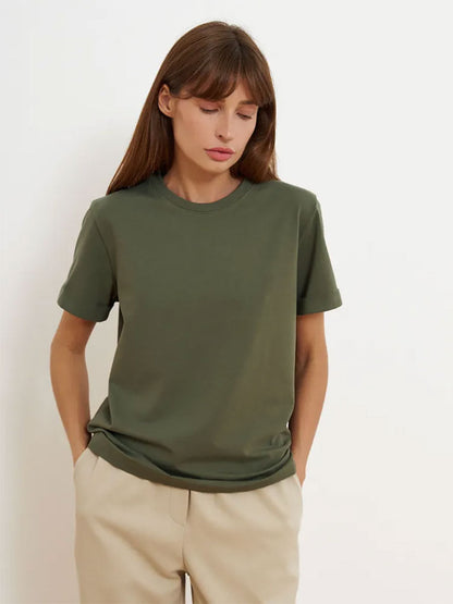Solid Color Round Neck Loose Short Sleeves Top