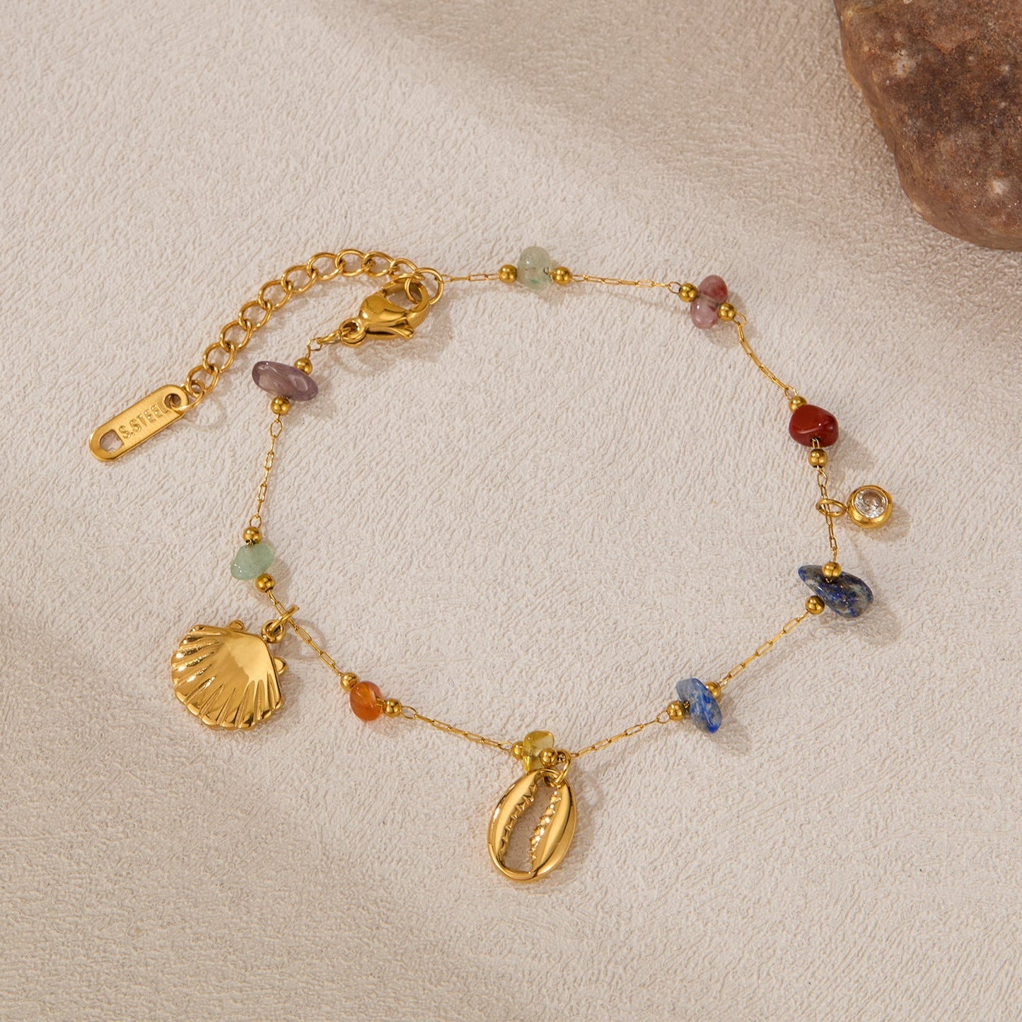 Colorful Stone Shell Pendant Zirconia Chain Bracelet