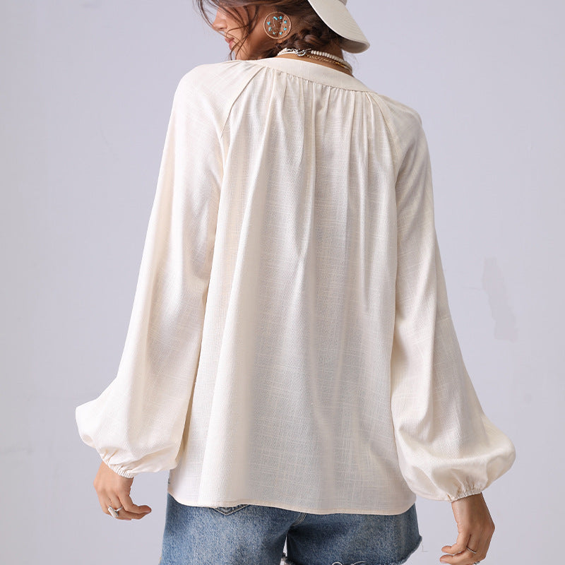 Floral Embroidered V-Neck String Loose Shirt