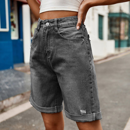 Distressed Folded Denim Bermuda Shorts