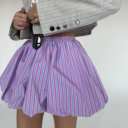 Striped Pleated Mini Puffy High-Waisted Skirt