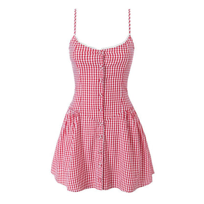 Fashion Plaid Front Button Sleeveless Mini Dresses