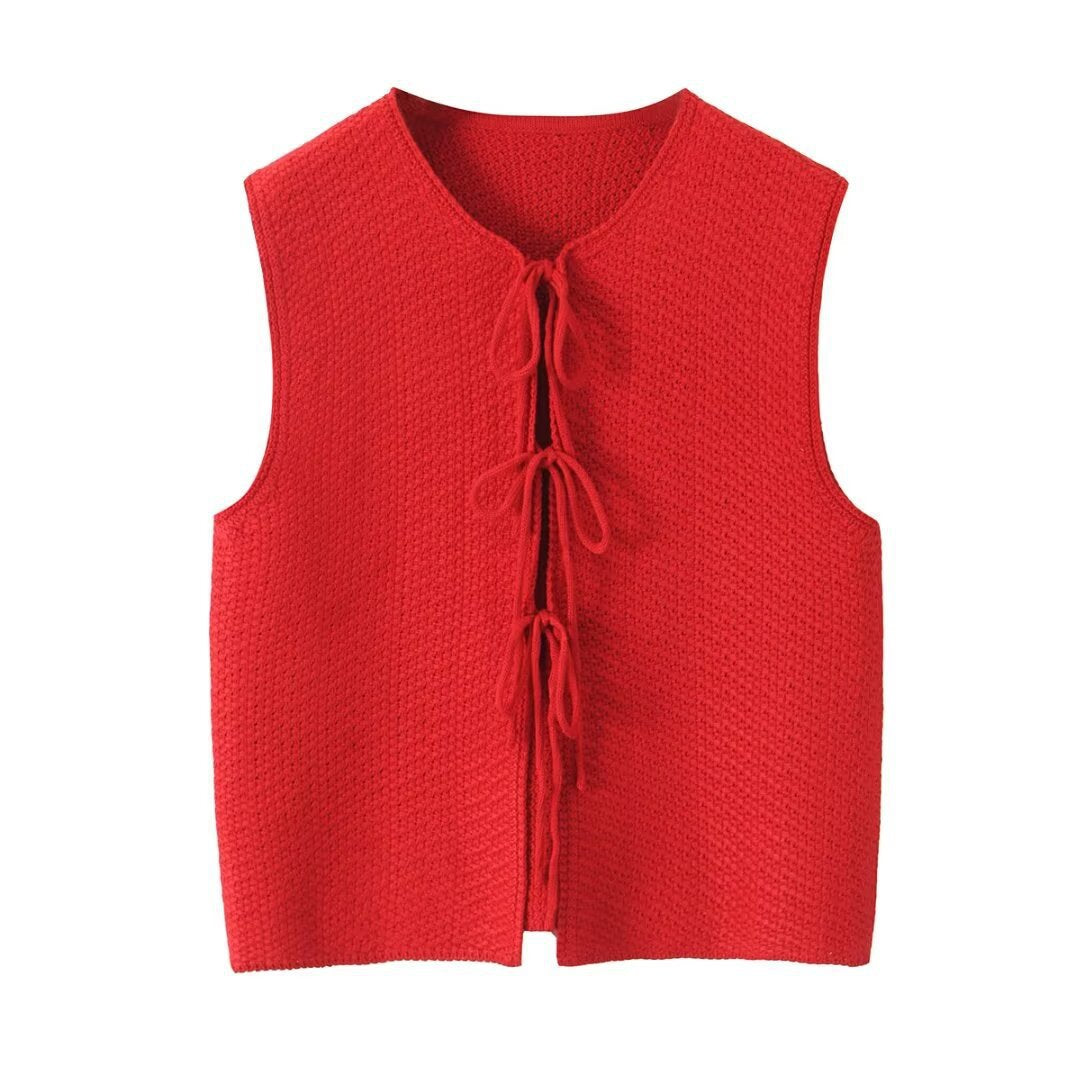 Round Neck Tie-Front Sleeveless Knit Vest