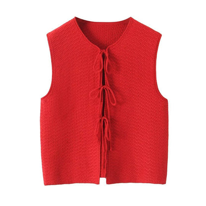 Round Neck Tie-Front Sleeveless Knit Vest