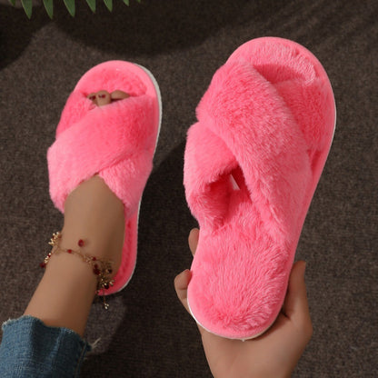 Fuzzy Cross Band Plush Home Slippers
