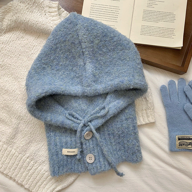 Solid Color Button One-Piece Hat & Scarf