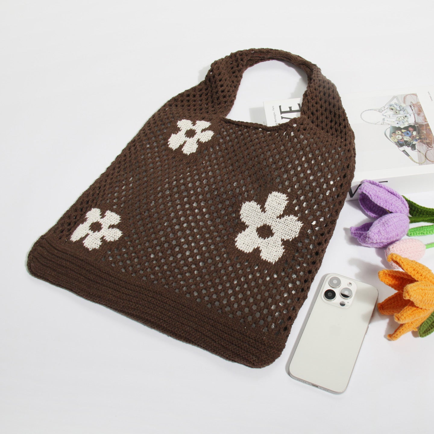 Flower Color Block Hollow Out Woven Handbag