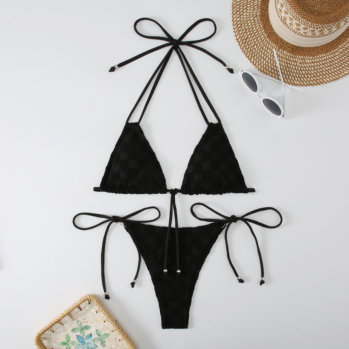2PCS Solid Color String Tie Bikini Swimwear