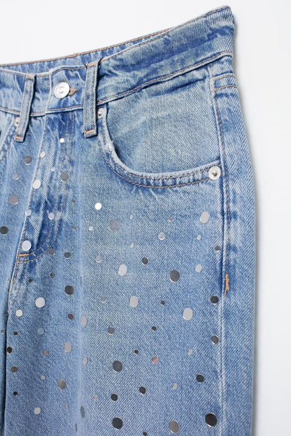 Versatile Sequin Wide Leg Denim Pants