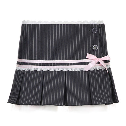 Striped Bow Lace Pleated Mini Skirt