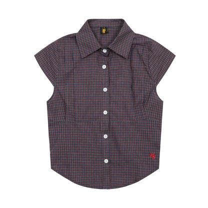 Vintage Lapel Collar Plaid Short Sleeve Top