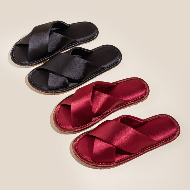 Solid Color Crossed Satin Slide Slippers