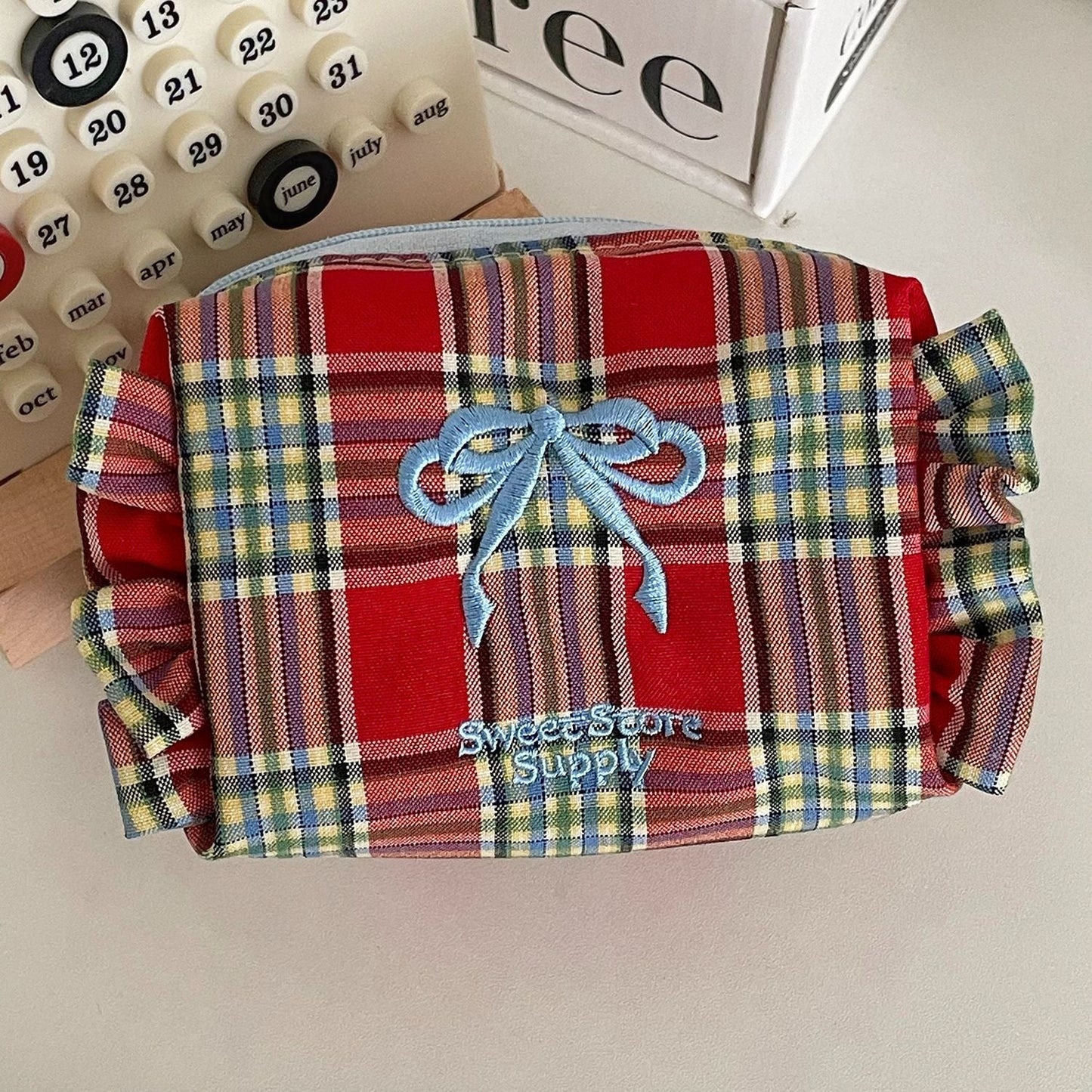 Bow Plaid Flounce Make Up Bag