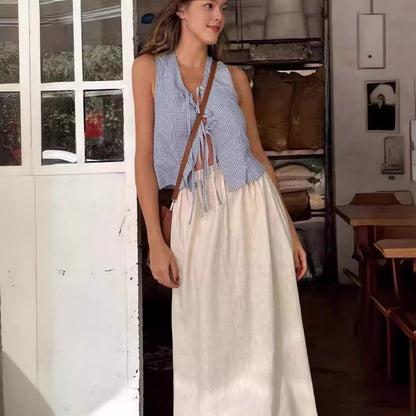 Bow String Plaid Sleeveless Open Front Vest