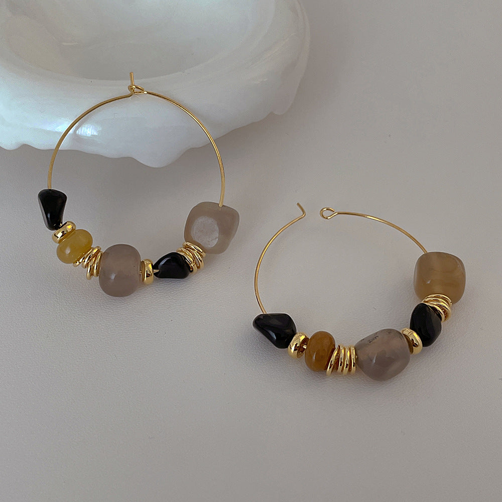 Simple Vintage Irregular Stone Metal Hoop Earrings