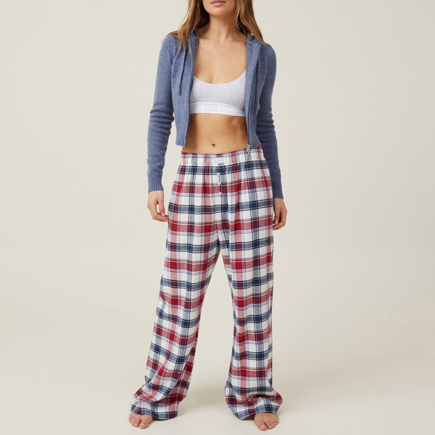 Plaid Loose Pockets Wide Leg Pants