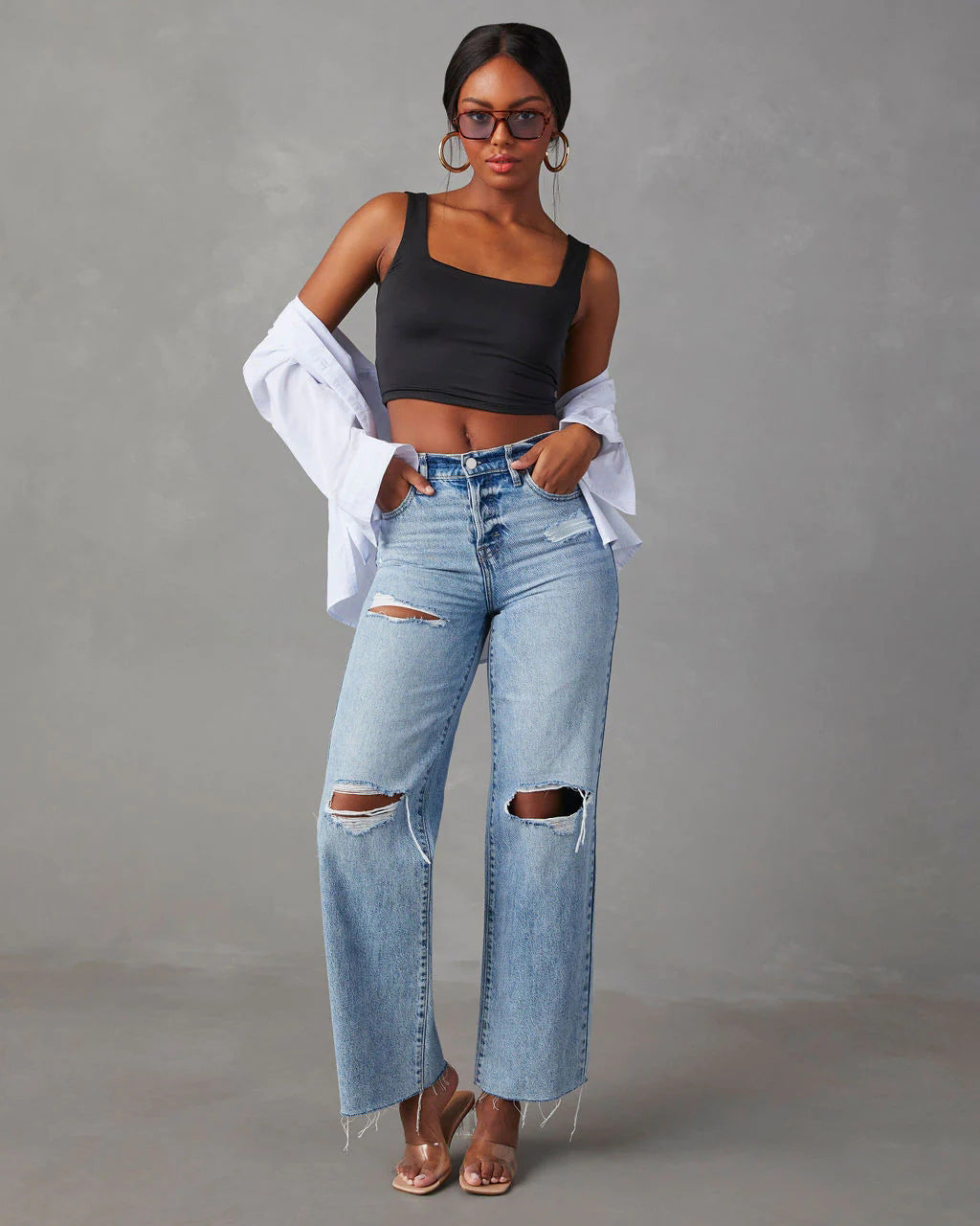 Ripped Denim Pant Straight Leg High Waist Jeans