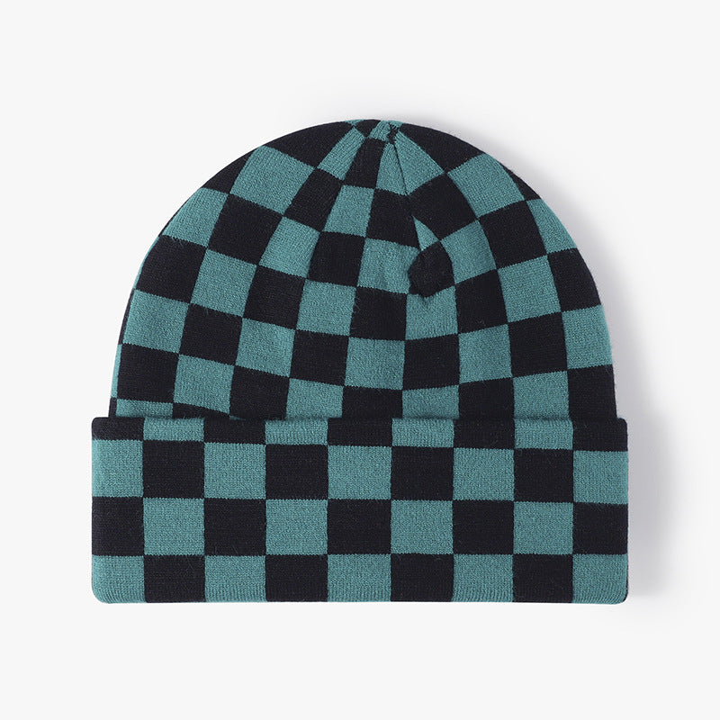 Color Contrast Checkered Knit Beanie Warm Hat