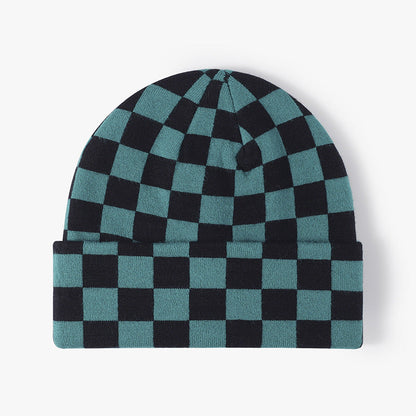 Color Contrast Checkered Knit Beanie Warm Hat