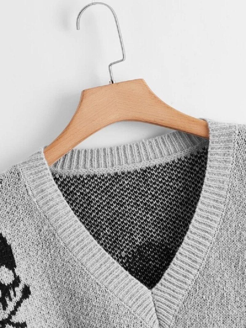 Halloween V-Neck Skull Pullover Sweater