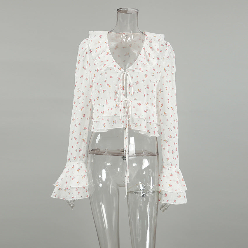 Flounce Print V-Neck Sexy String Tie Top