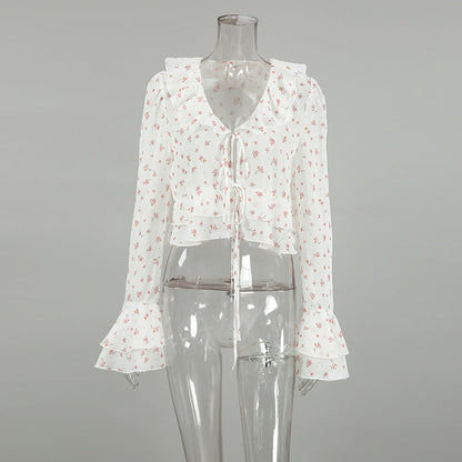 Flounce Print V-Neck Sexy String Tie Top