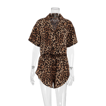 Leopard Print Lapel  Sleepwear Sets