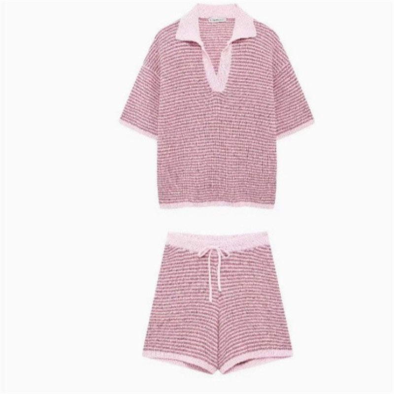 Casual Knit Collared Top and Shorts Set