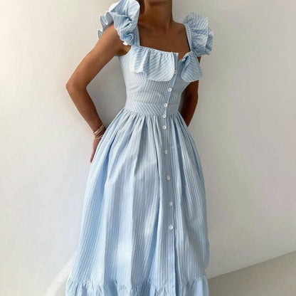 Trendy Square Neck Striped Ruffle Midi Dress