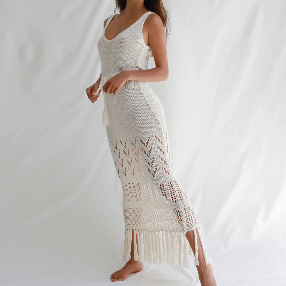 Solid Color Hollow Out Tassel Dress Cover Up