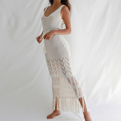 Solid Color Hollow Out Tassel Dress Cover Up