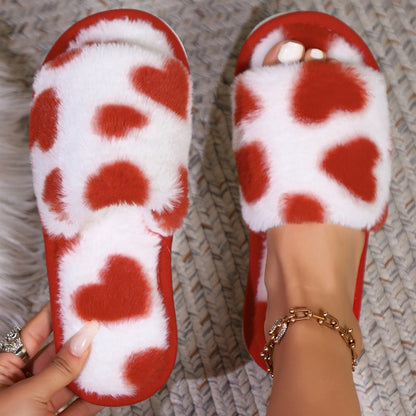 Fuzzy Heart Print Open Toe Home Slippers
