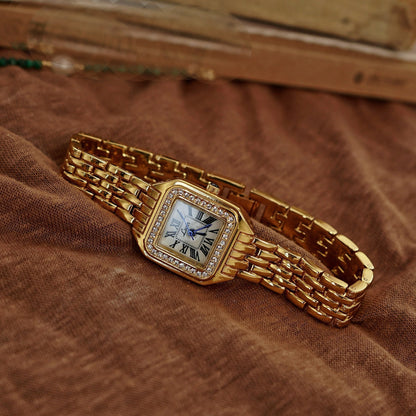 Vintage Roman Square Rhinestone Bezel Quartz Watch