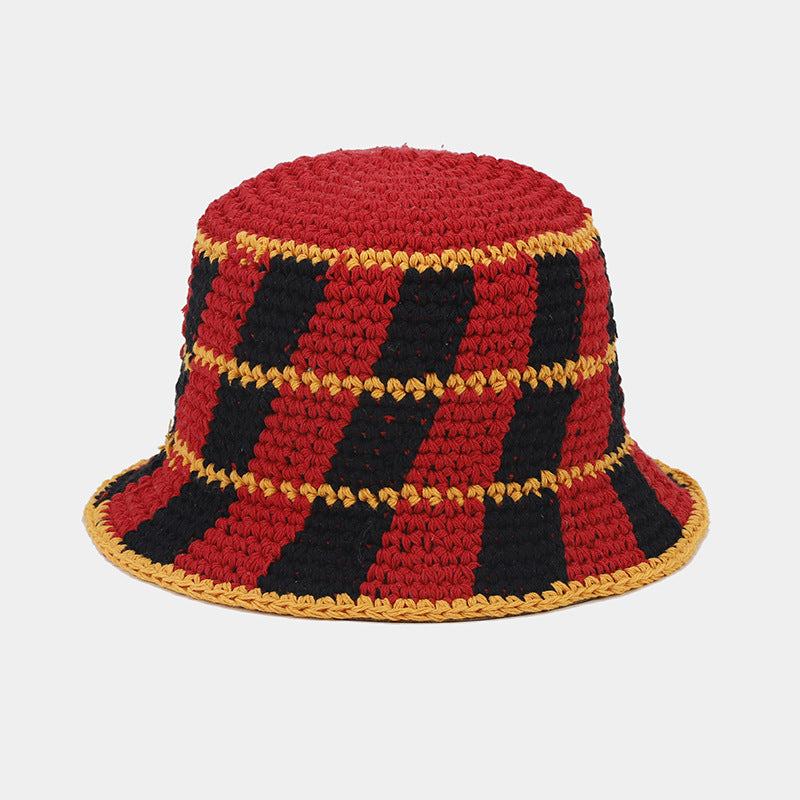 Contrast Color Plaid Casual Crochet Bucket Hat