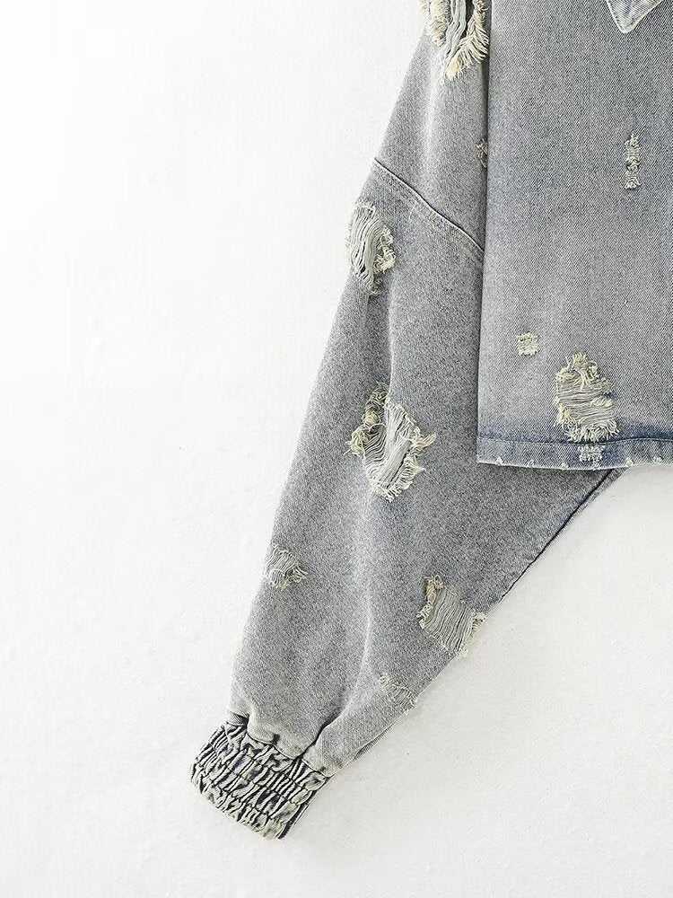 Trendy Ripped Denim Long Sleeve Cropped Jacket