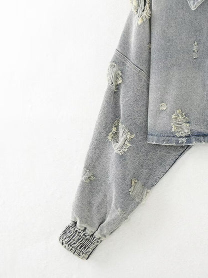 Trendy Ripped Denim Long Sleeve Cropped Jacket