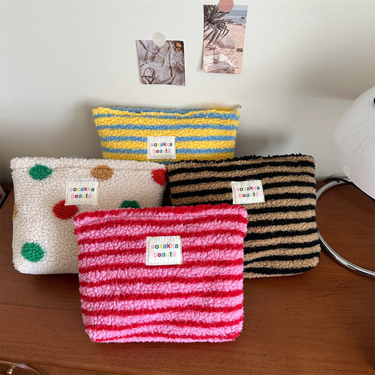 Polka Dot Plushed Large Capacity Make Up Bag