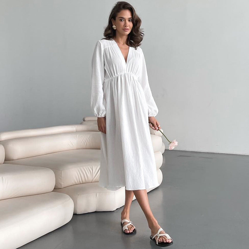 V-Neck Solid Color Loose Homewear Dress